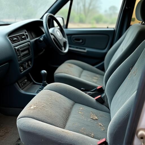 Before of a car's dusty and stained interior.