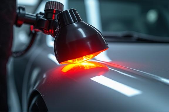 An infrared curing lamp aimed at a freshly ceramic-coated car panel.