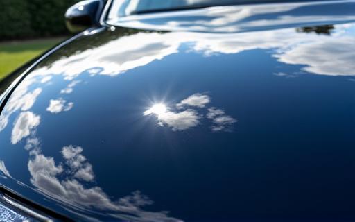 Extreme close-up of a glossy, ceramic-coated car hood reflecting the sky.